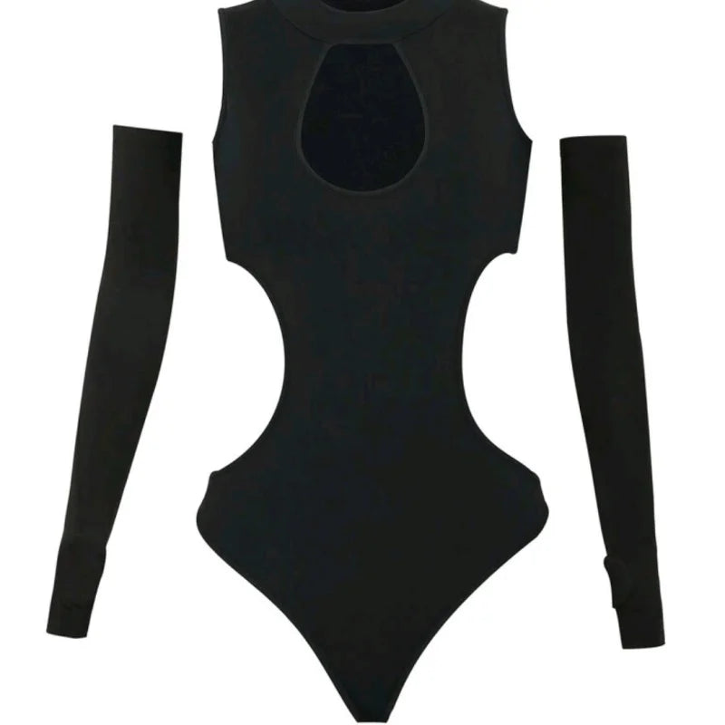 American-style ins sexy hot girl top, hollow-out design, tight-fitting T-shirt, solid color, high-neck long-sleeve bodysuit