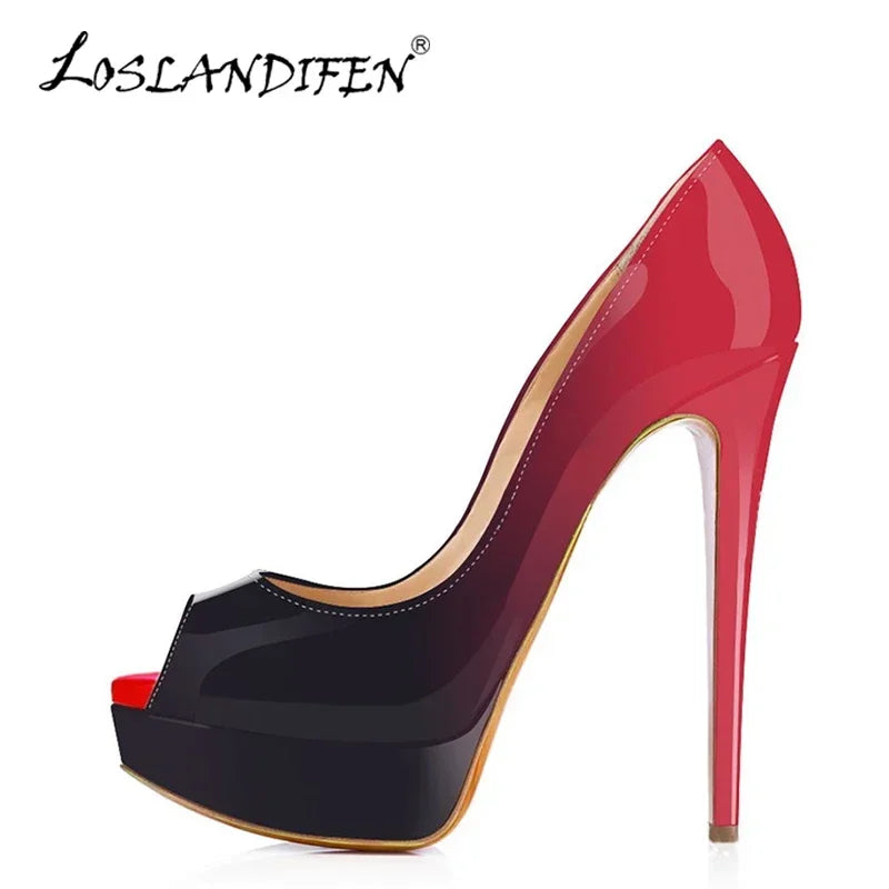 2026 New Women Pumps Sexy Platform Peep Toe 14cm Extremely High Heels Stiletto Patent Leather Party Nighclub Red Wedding Shoes