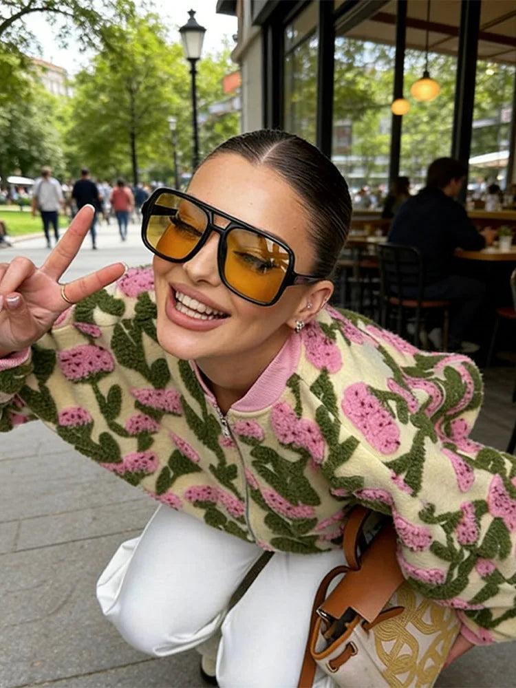 Cute Dreamy Flower Plush Bomber Jackets Chic Oversized Long Sleeves Zip Up Fleece Coat 2026 Casual High Street Women's Clothes BAZAARHUBO