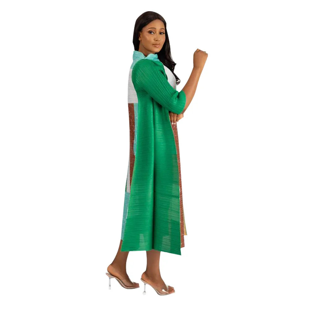 African Dresses for Women Summer Fashion Style African 3/4 Sleeve Polyester O-neck Pleated Dress Dashiki African Clothes Women