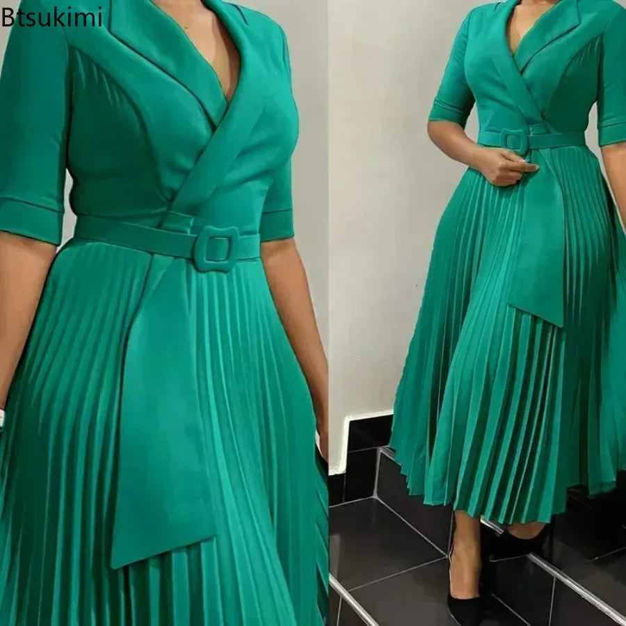 New Dashiki African Dresses for Women Spring Autumn Elegant Half Sleeve V-neck Pleated OL Style Midi Dress African Clothes Femme