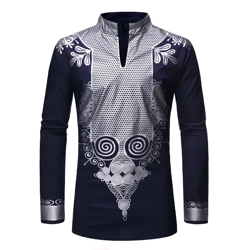 Men's Shirts Fashion Long Sleeve African Turkish Chieftain Print Robe Male Casual Blouses Traditional Ethnic Style Muslim Shirts