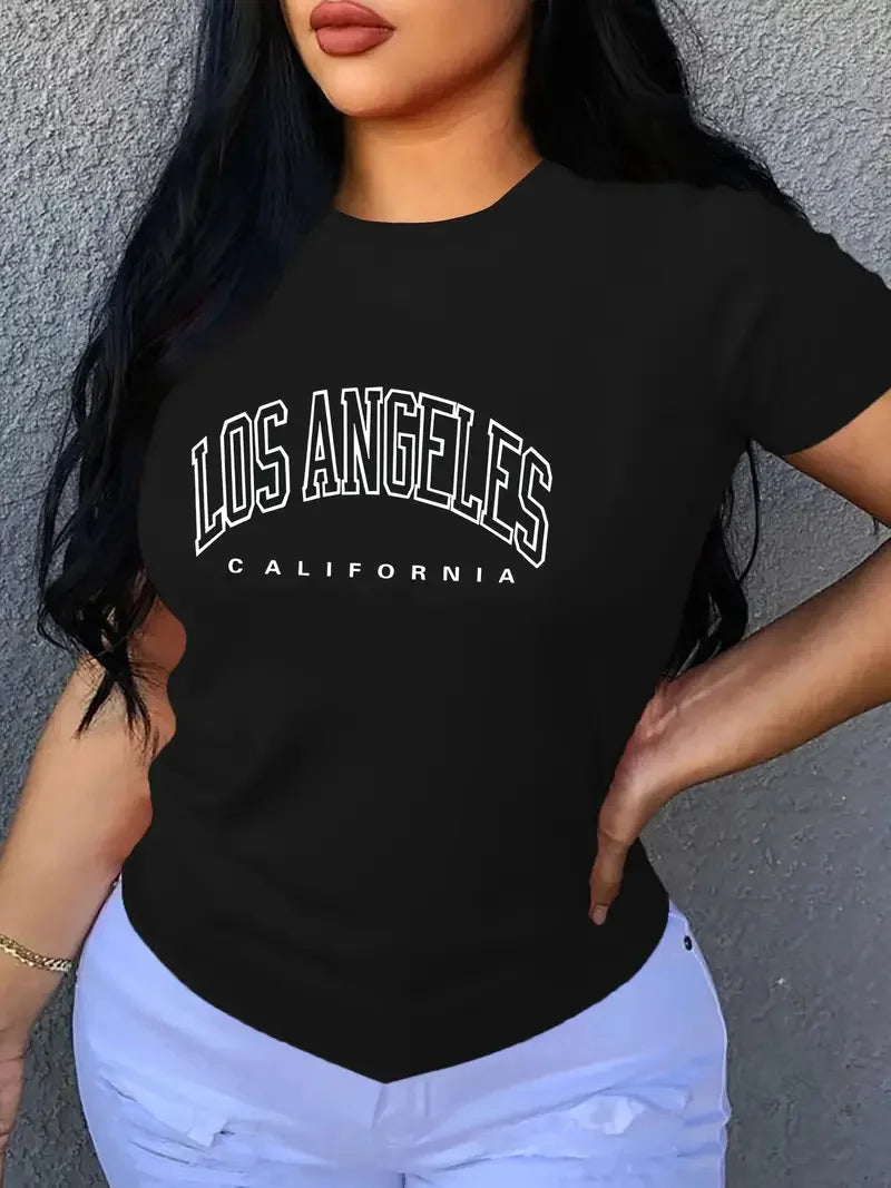 LOS ANGELES Letter Print Crew Neck T-shirt, Casual Loose Short Sleeve Fashion Summer T-Shirts Tops, Women's Clothing