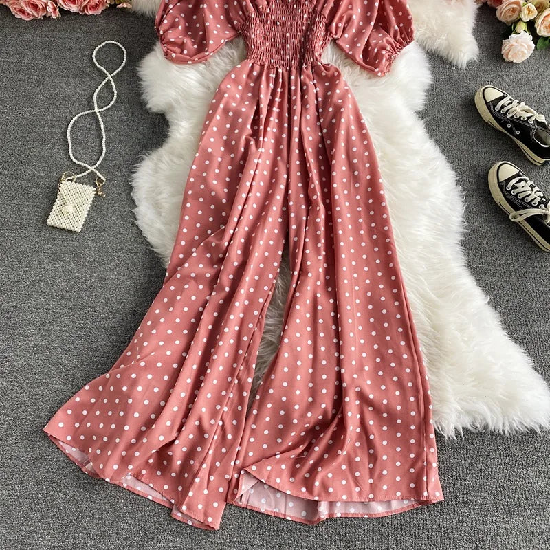 V Neck Sexy Dolman Sleeves Waist Slim Floral Print Jumpsuit Women Wide Leg Trousers Jumpsuit