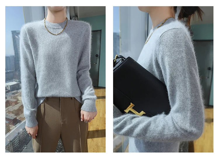 Autumn and winter women's semi high neck pullover sweater solid color knitted slim fit women's 100 mink cashmere sweater new sty