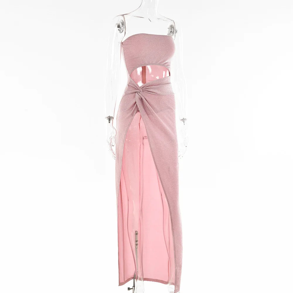 Cryptographic Summer Sexy Strapless Cut Out Slit Maxi Dress Elegant Outfits for Women Sleeveless Glitter Twist Dresses Vestido