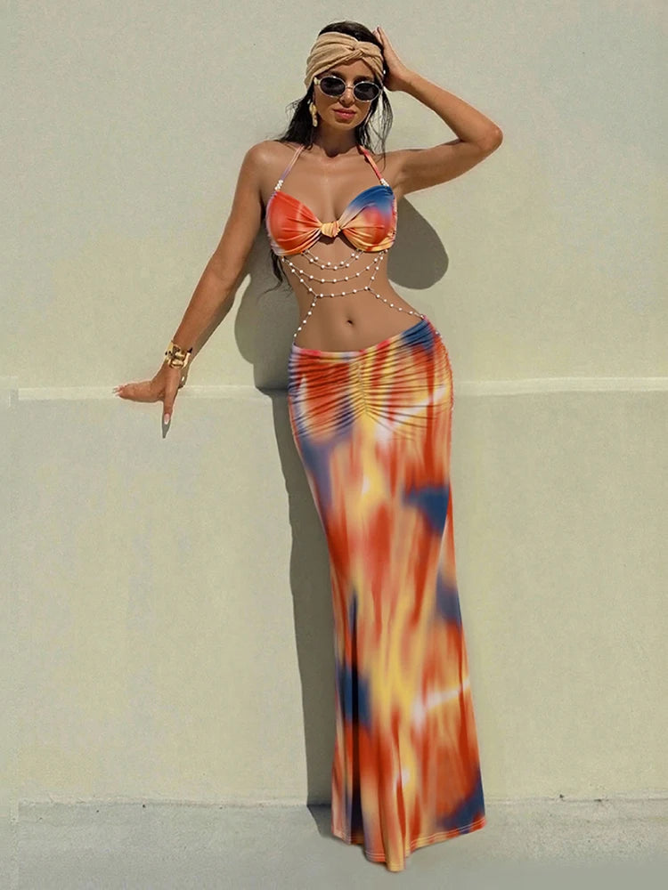 kliou Pearl Splice Stunning Dresses Women Sexy Tie Dye Tassel Bandage Hollow Shirring Maxi Bodycon Lady Vacation Party Vestidos