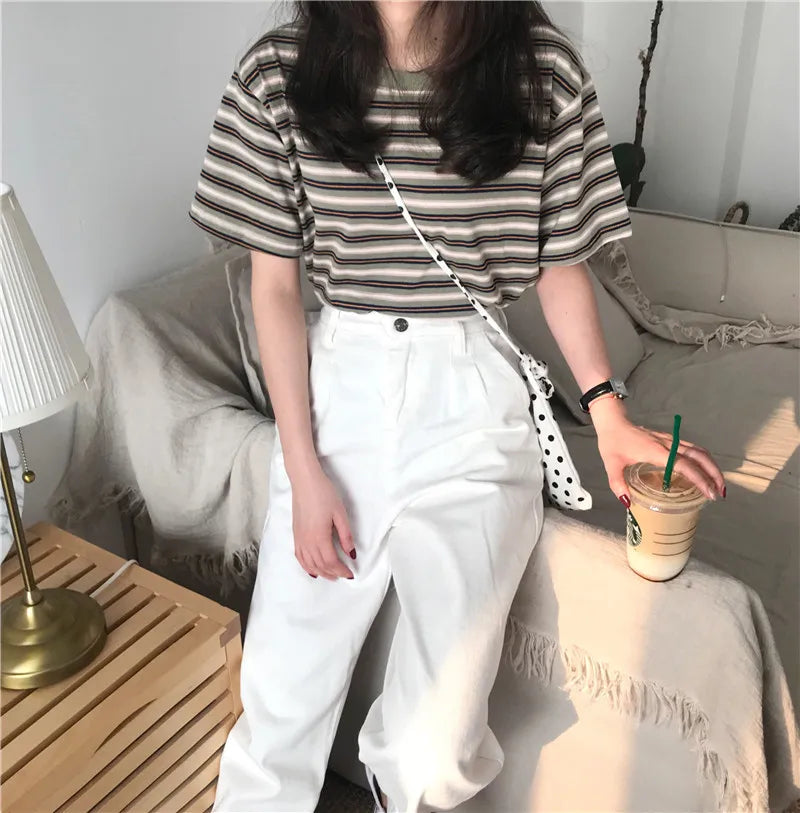 MRMT 2026 Brand New Women's Striped t-Shirts Contrast Color Striped Women t Shirt Loose Woman Bottoming Shirts Tops Tees