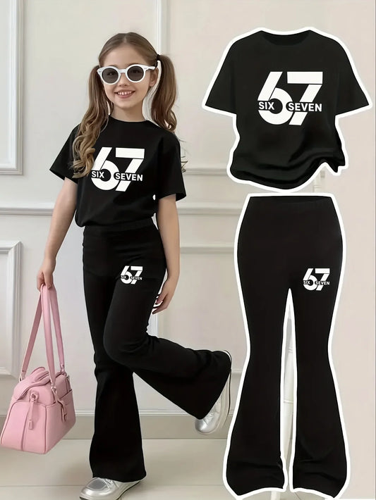 Girls t Shirt and Wide Leg Pants Set 67 Print Casual Two Piece Outfits for Kids Summer Fashion Clothing