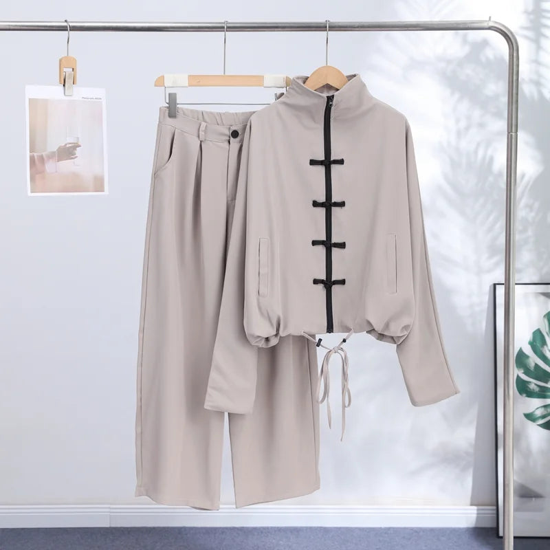 Casual Zipper Shirt Pants Suit Women Solid Button Stand Collar Drawstring Shirts Loose High Waist Trousers 2026 Spring Set Lady