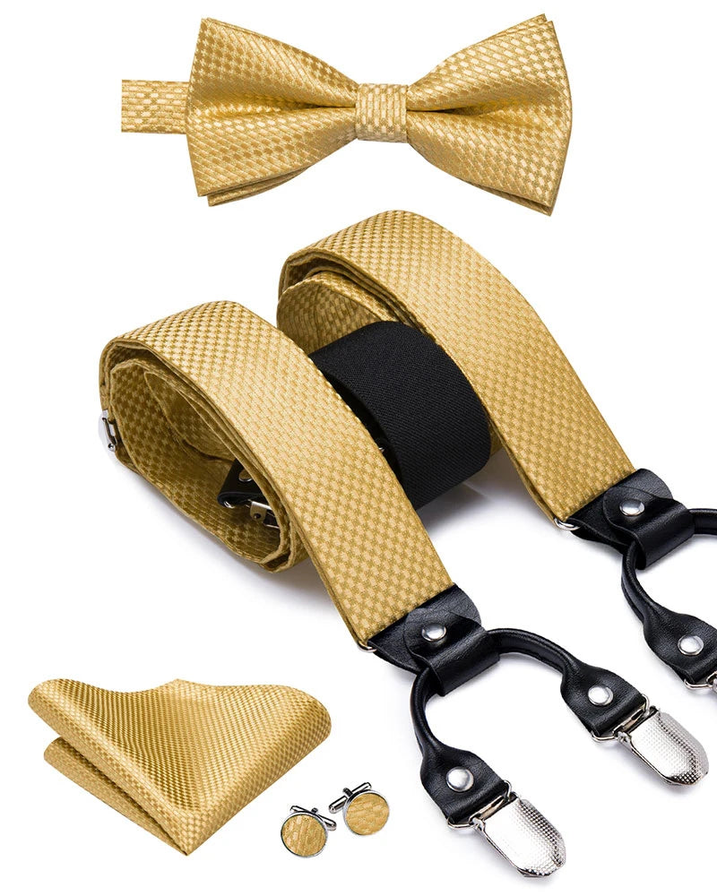 Hi-Tie Silk Adult Men's suspenders Set Leather Metal 6 Clips Braces Gold Brown Floral Vintage Men Fashion Wedding Suspenders Men BAZAARHUBO
