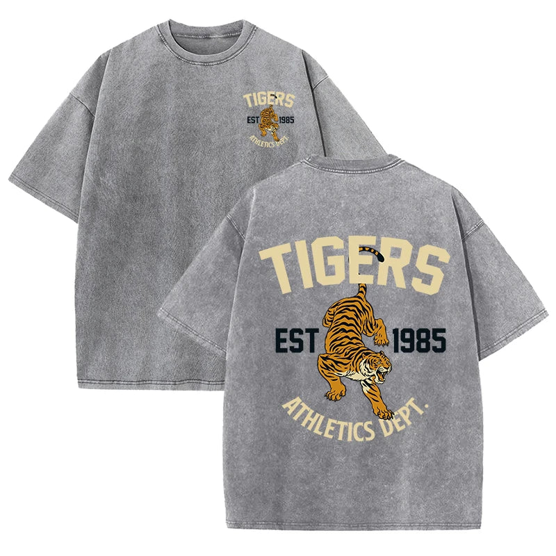 Tigers Est 1985 Sport Print Washed Women T-Shirt Summer Casual Retro T Shirts Snow Wash Tee Top Loose Unisex Retro Streetwear