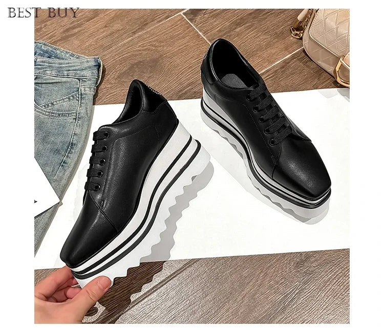 New beige Women Platform Casual Shoes 2024 Spring Black Casual Chunky Sneakers Women Real Leather White Height Increasing Shoes