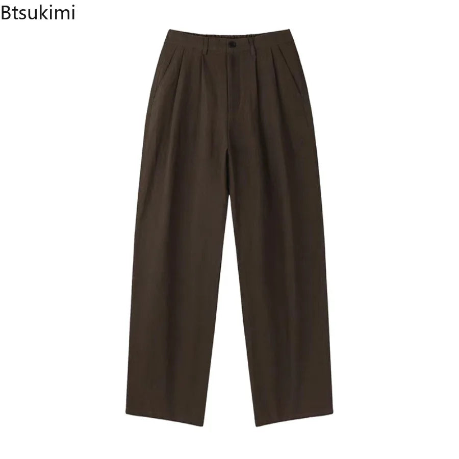 New Men's Cotton Linen Workwear Trousers Draped Wide Leg Pants Light Luxury Leisure Solid Straight Trousers Premium Sweatpants