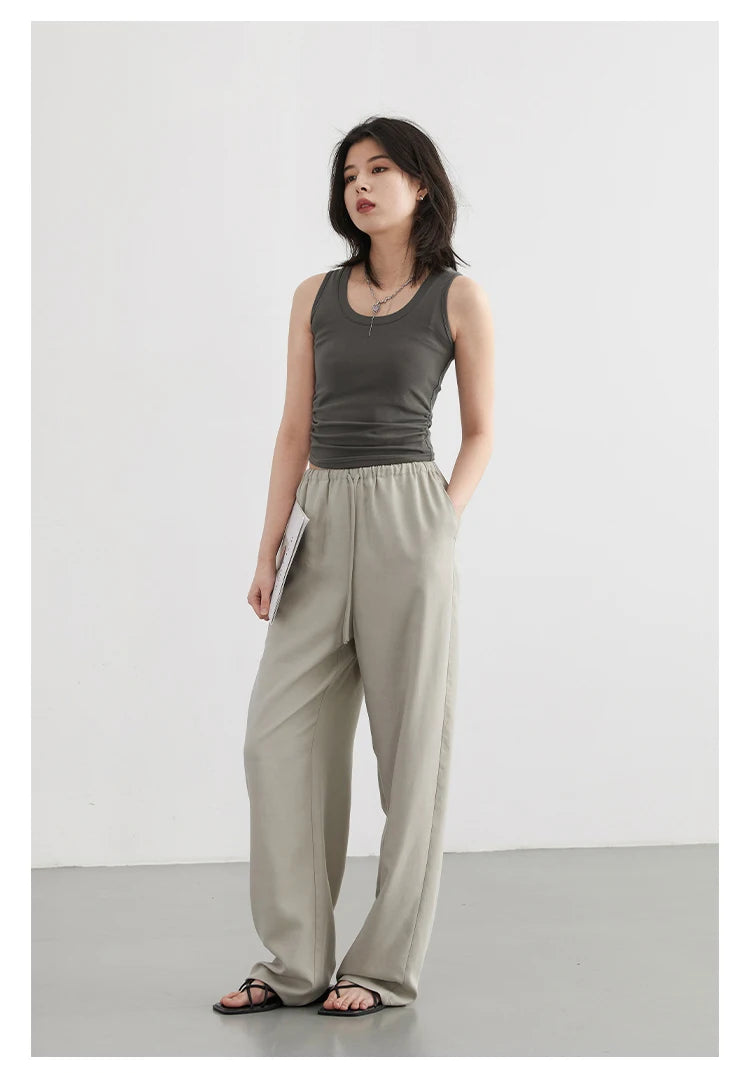 CHIC VEN Women Tanks New Solid Color Tees U-neck Pleated Vest Suspender Sleeveless Slim Female Top Spring Summer 2024