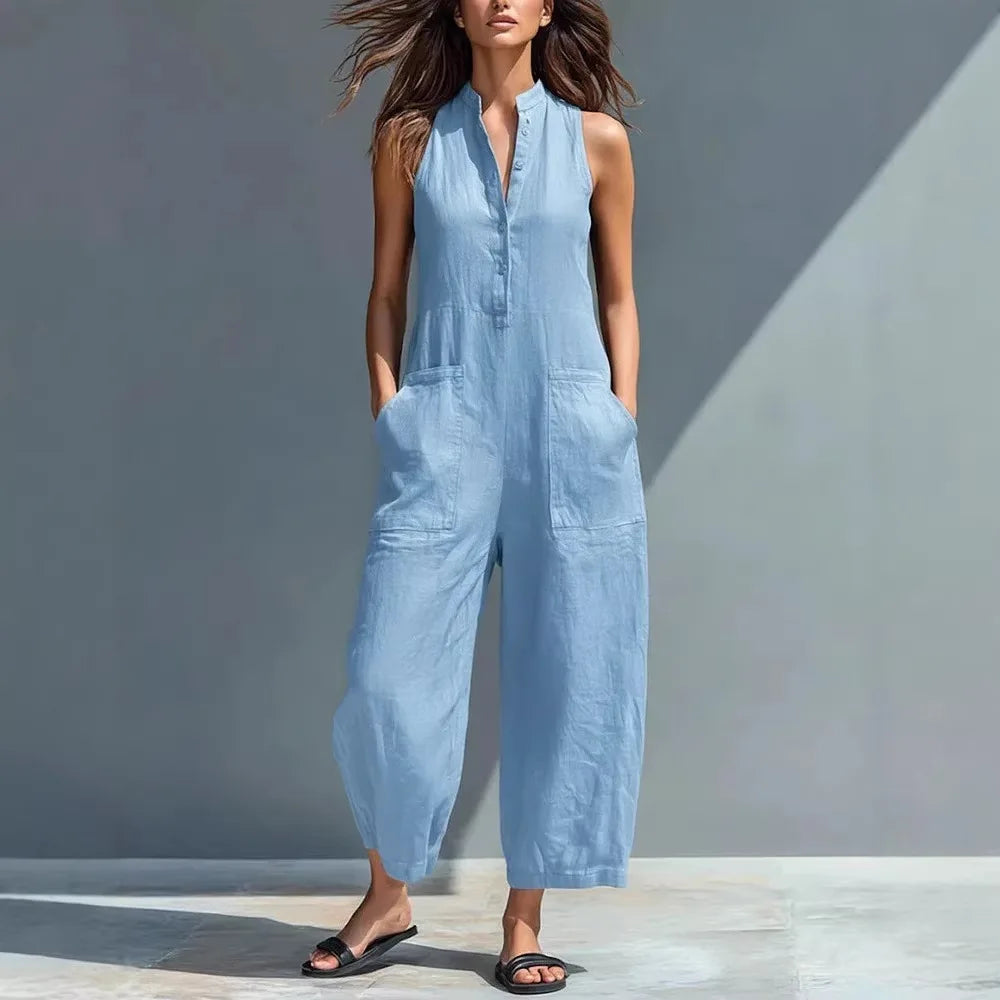 Summer Casual Sleeveless Stand Up Collar Pocket Jumpsuits Women Macacão Feminino Combinaison Femme Monos De Mujer Casuales