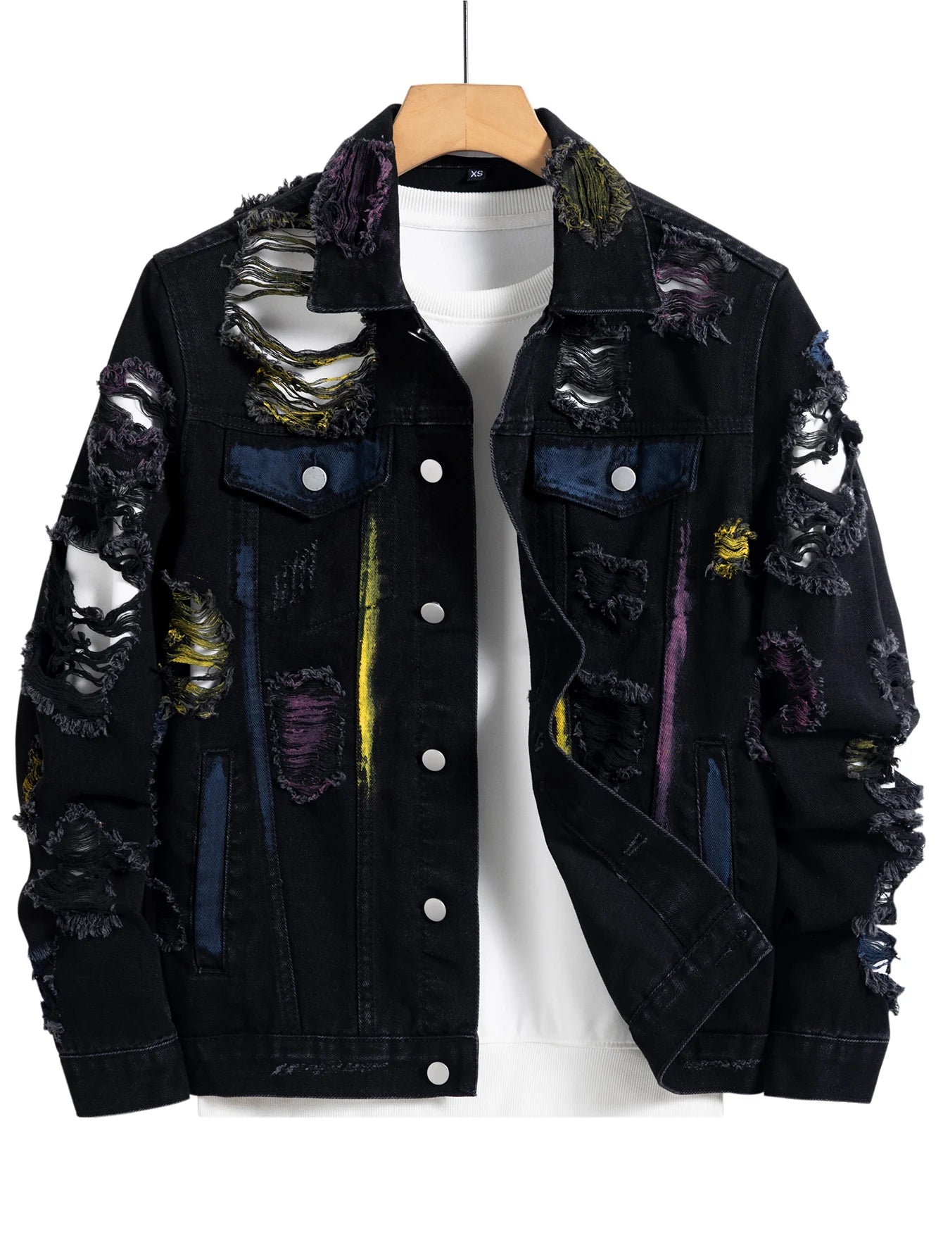 Men's black ripped denim jacket for spring and autumn. Random paint splashing.