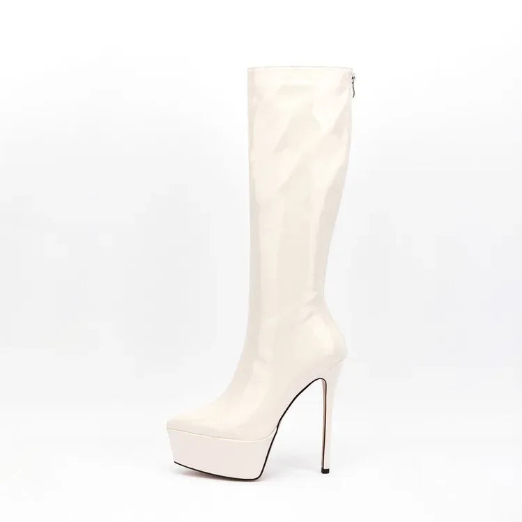 New Women Knee High Boots Patent Leather Pointed 15cm High Heels Winter Short Plush Waterproof Platform Girl Boots Large 34-45