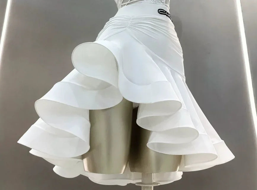 Women Latin Dance Dress Outfits Lace Bra Jumpsuits Tops Ruffled Skirt Adult Female Dance Competition Stage Performance Costumes