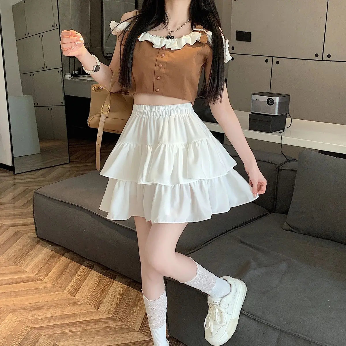 Ruffled Cake Skirts for Women High-waisted A-line Solid All-match Sweet Lovely Girls Korean Style Gentle Spring Kawaii Casual