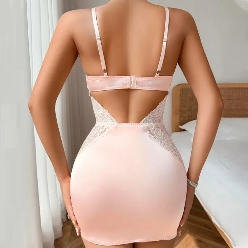 Sexy Deep V Neck Satin Dress Women Sexy Lingerie Lace Patchwork Split Sissy Night Dress Slip Dress Silk Nightwear Платье Женское