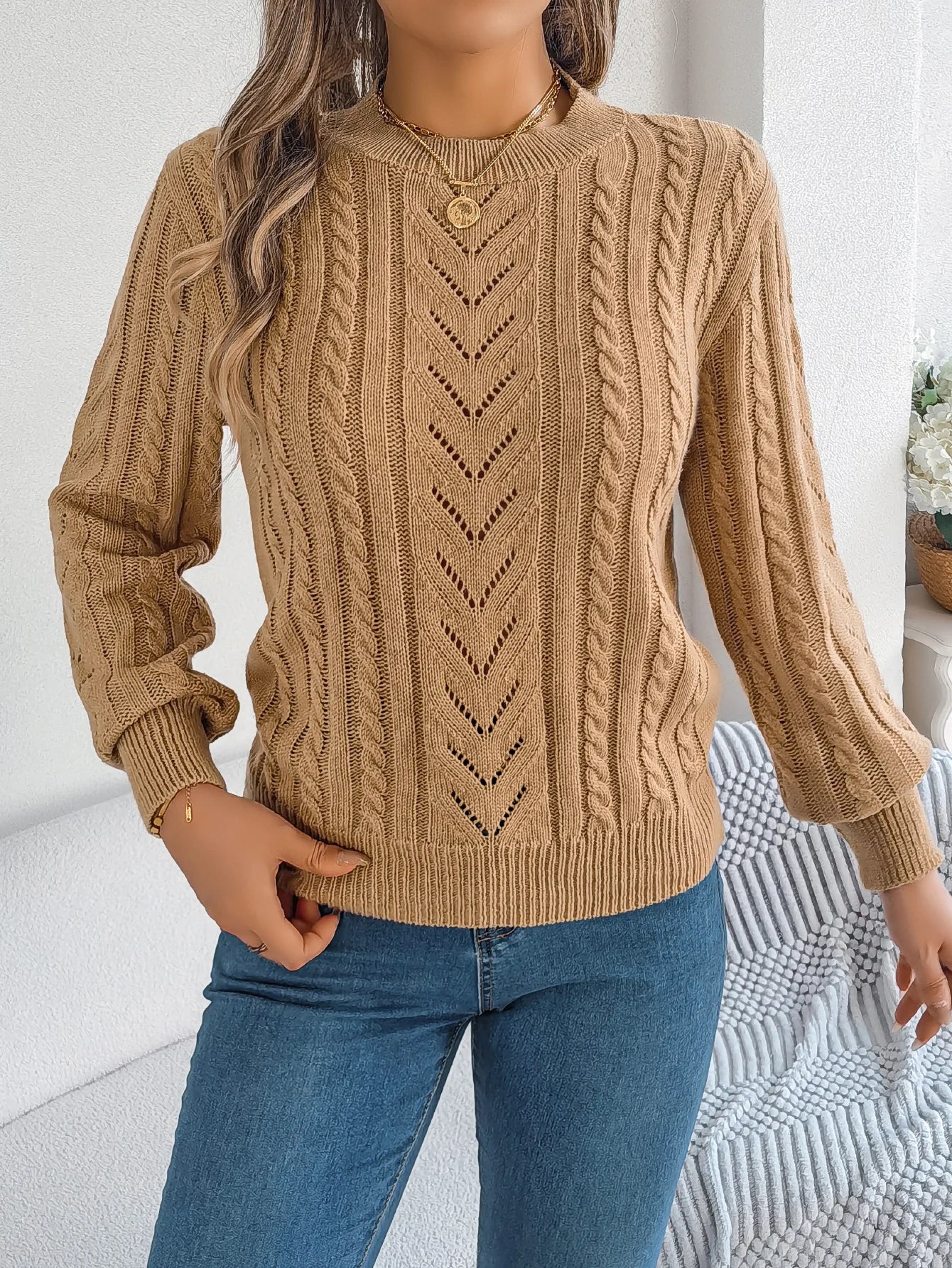 Autumn and Winter Casual Solid Color O-Neck Hollow Out Long Sleeved Pullover Sweater BAZAARHUBO