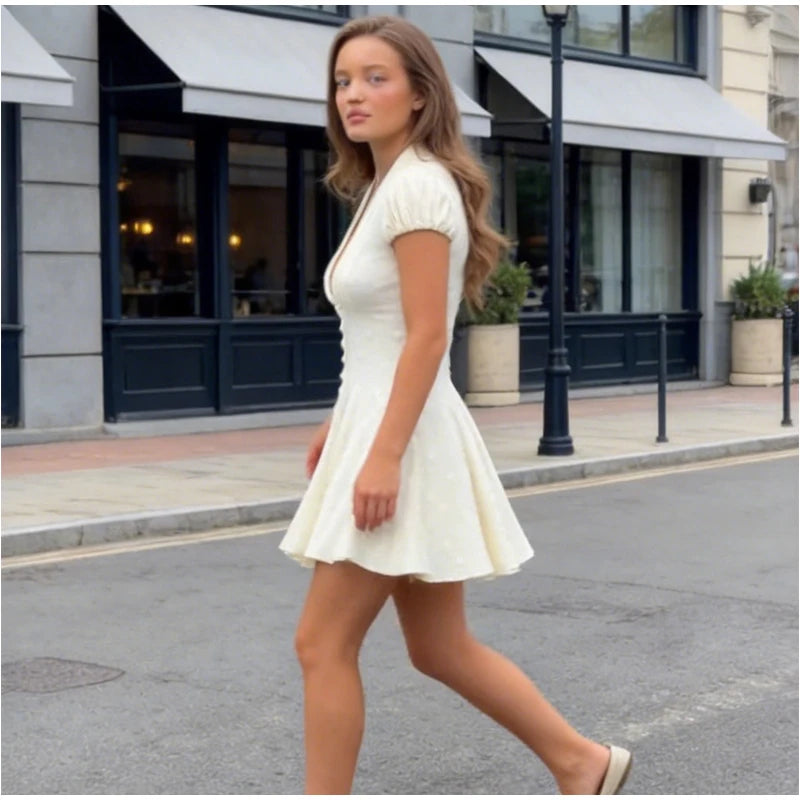 Elegant Solid Polka Dot Dress Women Sexy Deep V Neck Puff Sleeve Waist-cinching Mini  A-line Dresses 2026 Summer Lady Party Robe