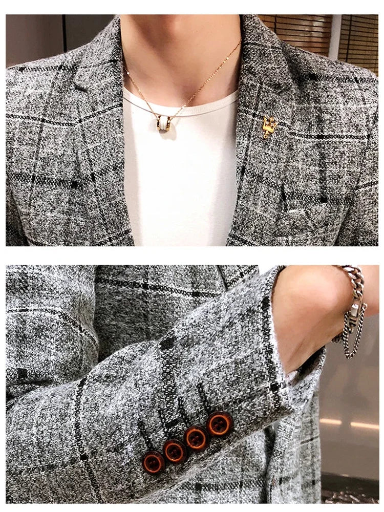 Spring and Autumn New Boutique Japanese Style Print Stand Collar Mens Casual Jacket Slim Male Coat Male Plaid Suit Jacket Blazer