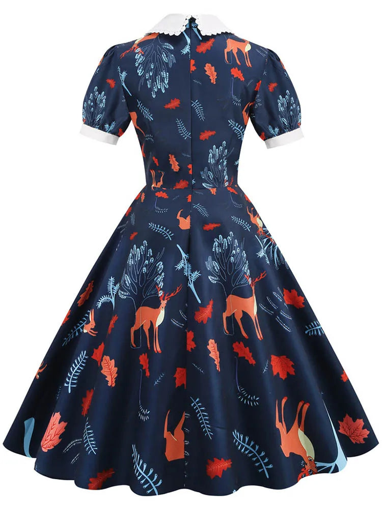 Women Vintage Dress Floral Print Peter pan Collar Elegant Party Dress Puff Short Sleeve Pin Up 50s Party Sundress 3XL