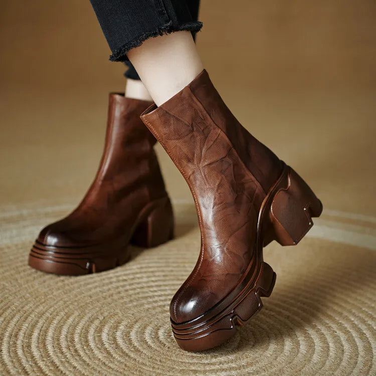 NEW Autumn Women Boots Genuine Leather Shoes for Women Round Toe Chunky Heel Shoes Concise Zip Platform Boots Soft Daily Shoes