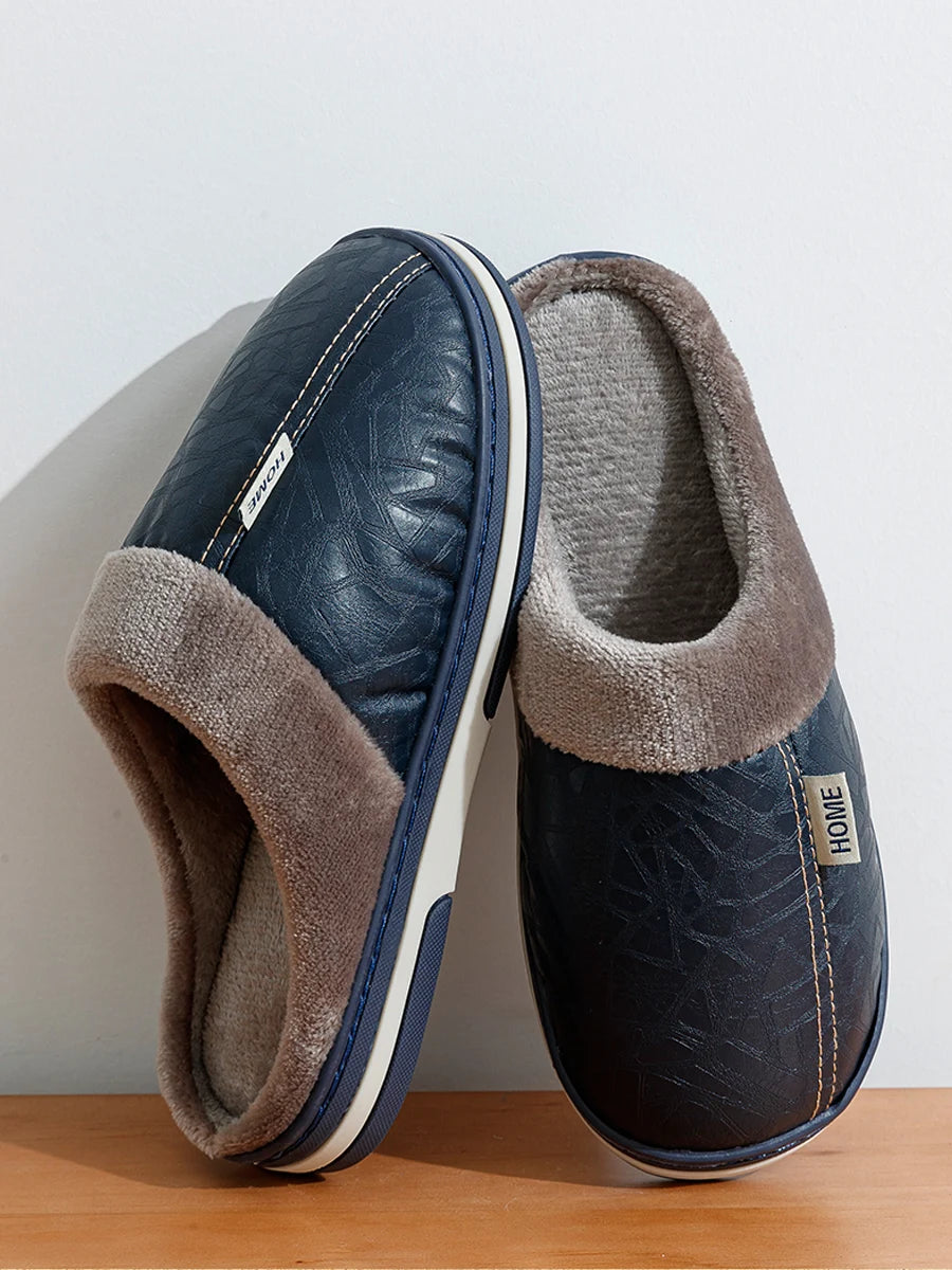 Big Size Men's slippers Winter Indoor Waterproof PU Leather Large Sizes Home Cotton shoes Fur Flat Cotton Bedroom Houseshoes