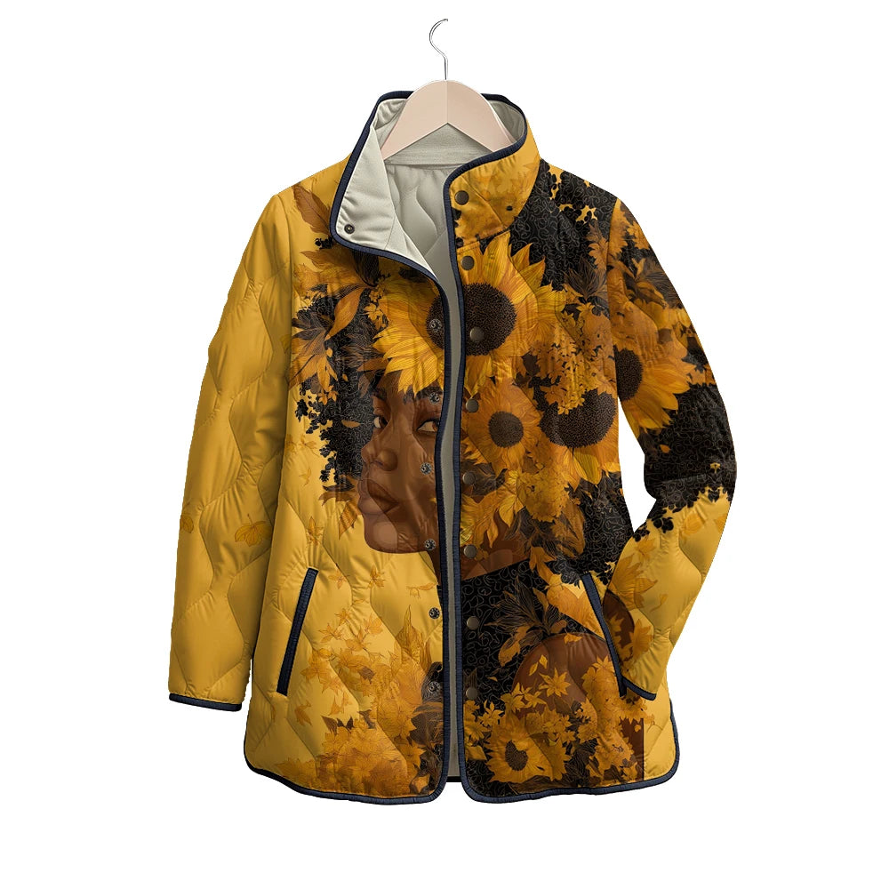 Women's African Art Jackets with Female Profile Florals Pattern Coats Multi-Color Silhouette Patterns Artistic Winter Outerwear