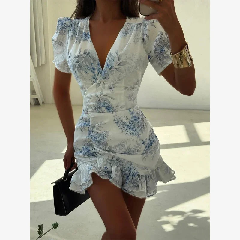 Chic Ruffle Print Slim Fit Dress Women Chic Flared sleeves V-neck Pleated Short Dresses 2026 Lady Summer Casual Daily Vestidos BAZAARHUBO