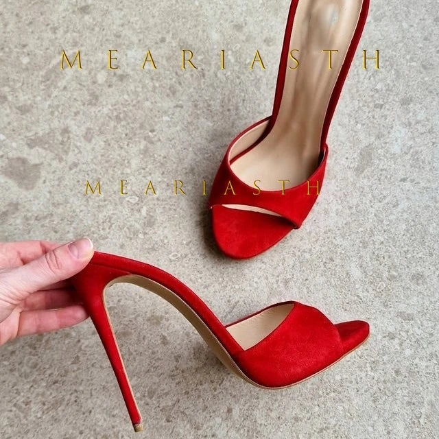 Red Patent Leather Stiletto Slippers Open Toe Solid Sexy High Heels Summer 2025 New Nightclub Outside Plus Size 45 Luxury Shoes