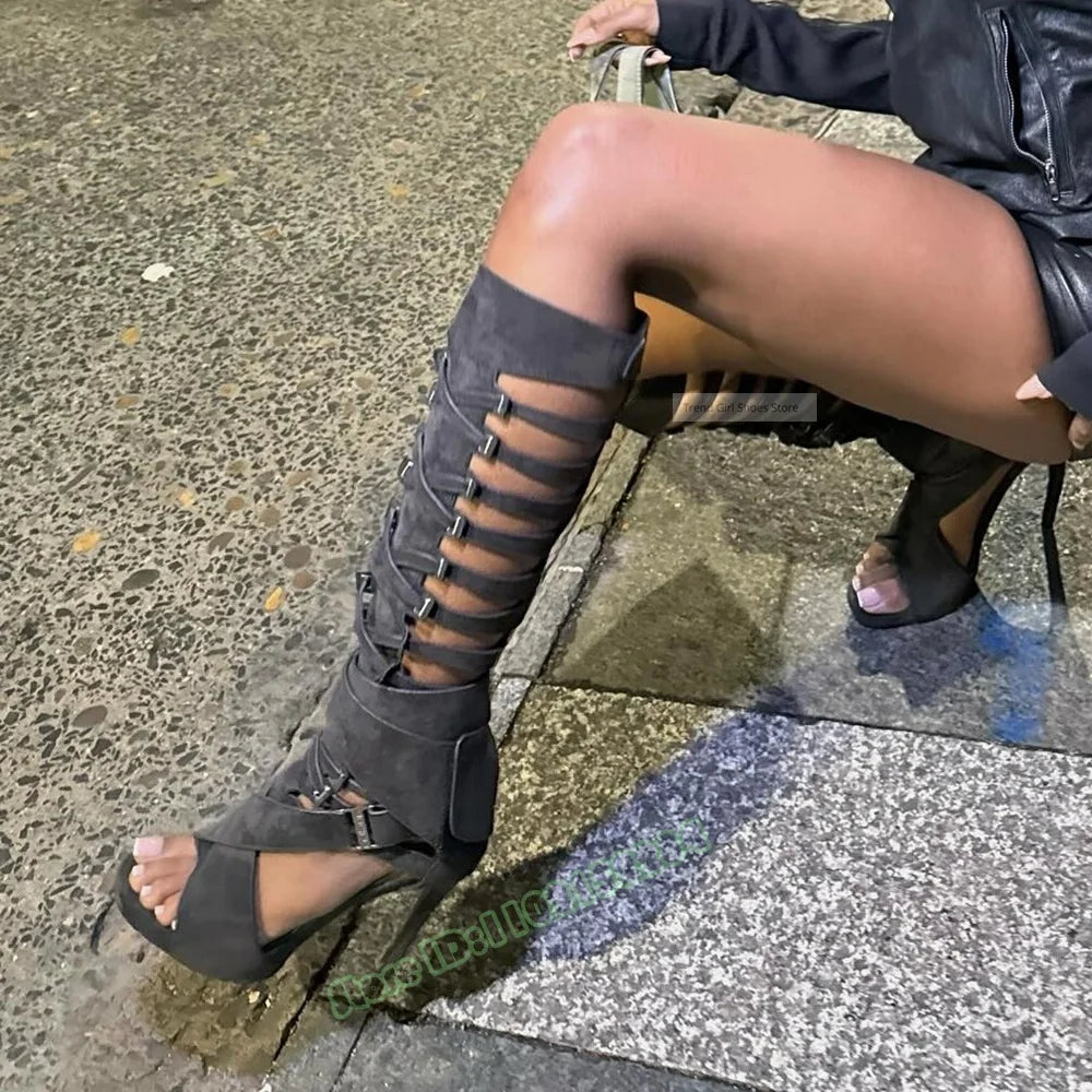 Hollow Straps Buckles Sandals Open Toe Solid Knee High Sandals Stiletto Heels Summer Women Sexy Shoes Party Casual Designer Shoe