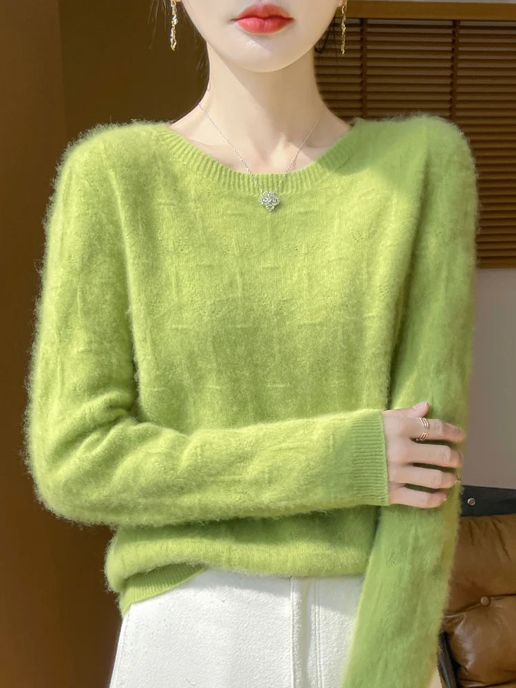 Women 100% Merino Wool Sweater Casual Hollow out Cashmere Blouse O-neck Pullover Tops Autumn Winter Warm Knit Woman Wool Sweater