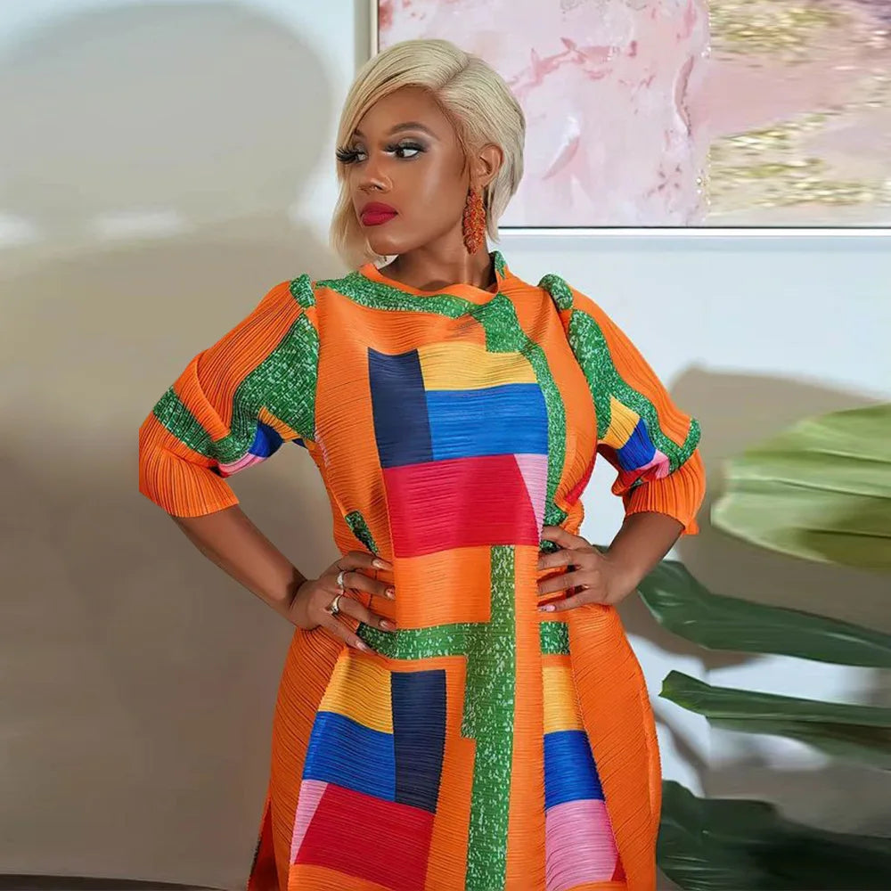 African Dresses for Women Summer Fashion Style African 3/4 Sleeve Polyester O-neck Pleated Dress Dashiki African Clothes Women