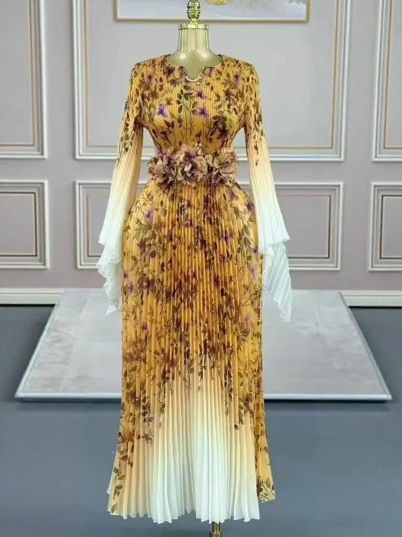 Miyake 2025 African Elegant Dress Autumn Dress New Temperament Celebrity Waist Fashion Long Dress Women's Clothing