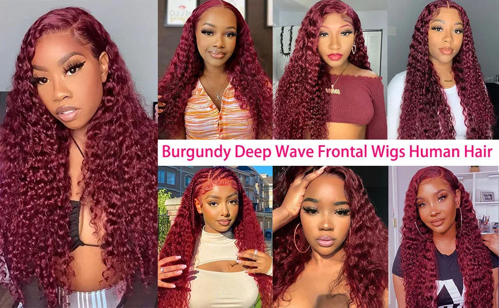 Burgundy 13x6 Hd Lace Front Human Hair Wig Curly Wig Red Wigs 40 Inch Transparent Lace Deep Wave Frontal Wig 99j 200 Density