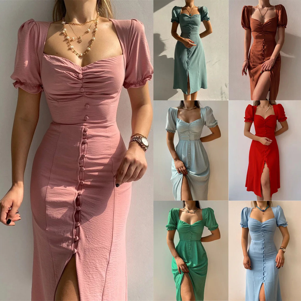 2024 Summer Fashion Summer Skirt Holiday Style Sexy Women's Dress V-neck Single Breasted Shrugged Mid Length Dress