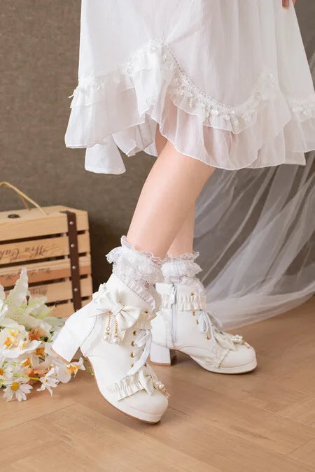 Lolita Great Quality Block High Heels Women Ankle Boots White Shoes Lace Decor Lace Up Chunky Heeled Bow Boots for Women Verclo