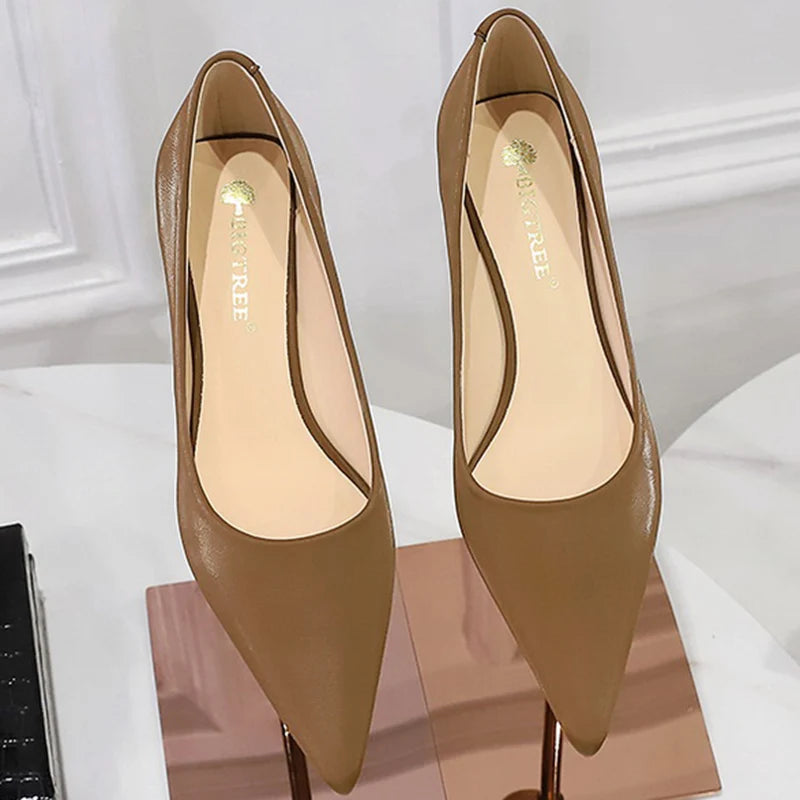 New Big Size Women's Boat Shoes Leather 4.5cm High Heels Pointed Toe Pumps Stilettos Basic Pump For Female White Black Wine Red