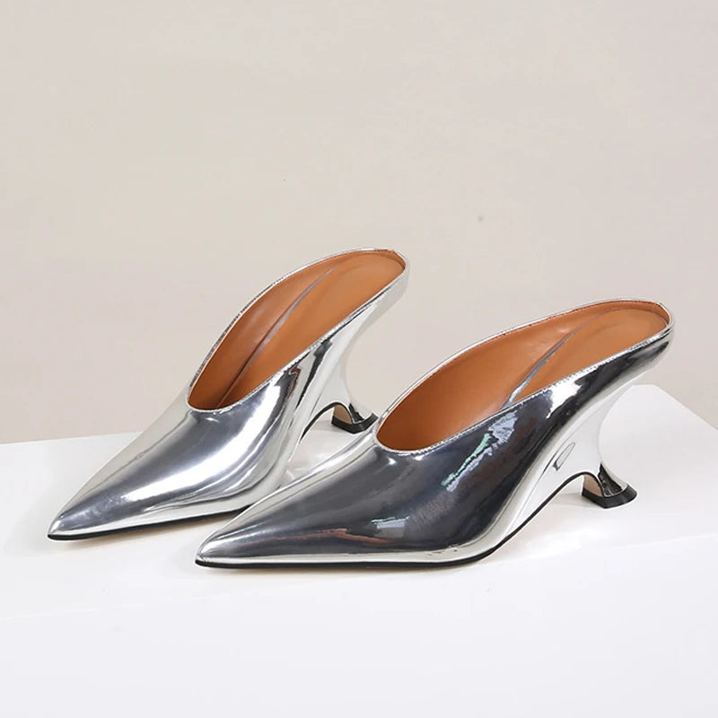 Aneikeh Fashion Silvery Sequined Women Slingbacks Pumps Pointed Toe High Heels Wedding Prom Ladies Shoes