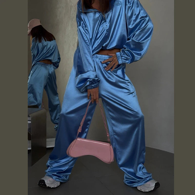 2026 Spring Satin Embroidered Zip-Up Jacket Wide Leg Pants Set Oversized Slouchy Women 2 Pcs Outfit Cool Lady Co-ord Streetwear