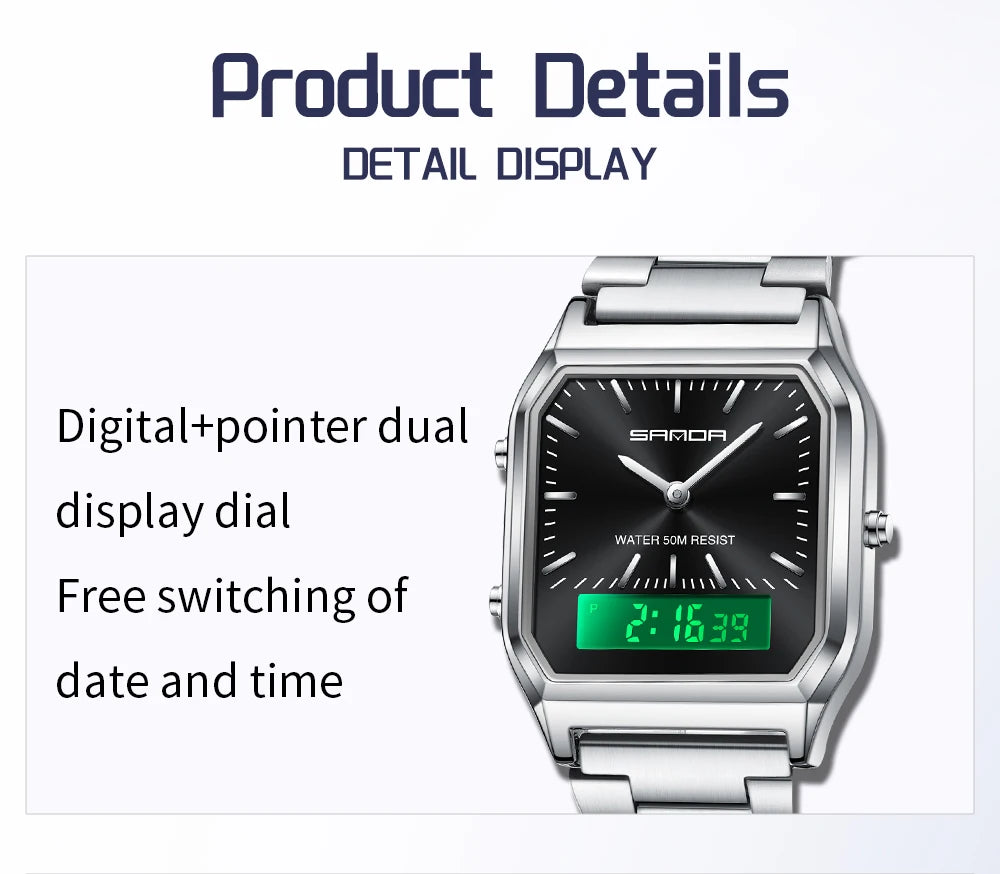 SANDA Men's and Women Watch Fashion Watches Business Style Alarm Clock Man Digital Wristwatch Square Dial Stainless Steel Strap
