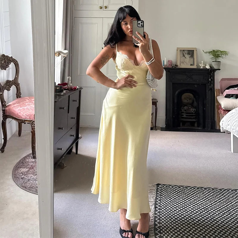Sexy Backless Satin Women's Summer Dress V-neck Sleeveless Backless Slit Beach Sling Sundress 2026 Lady Chic Evening Party Robes