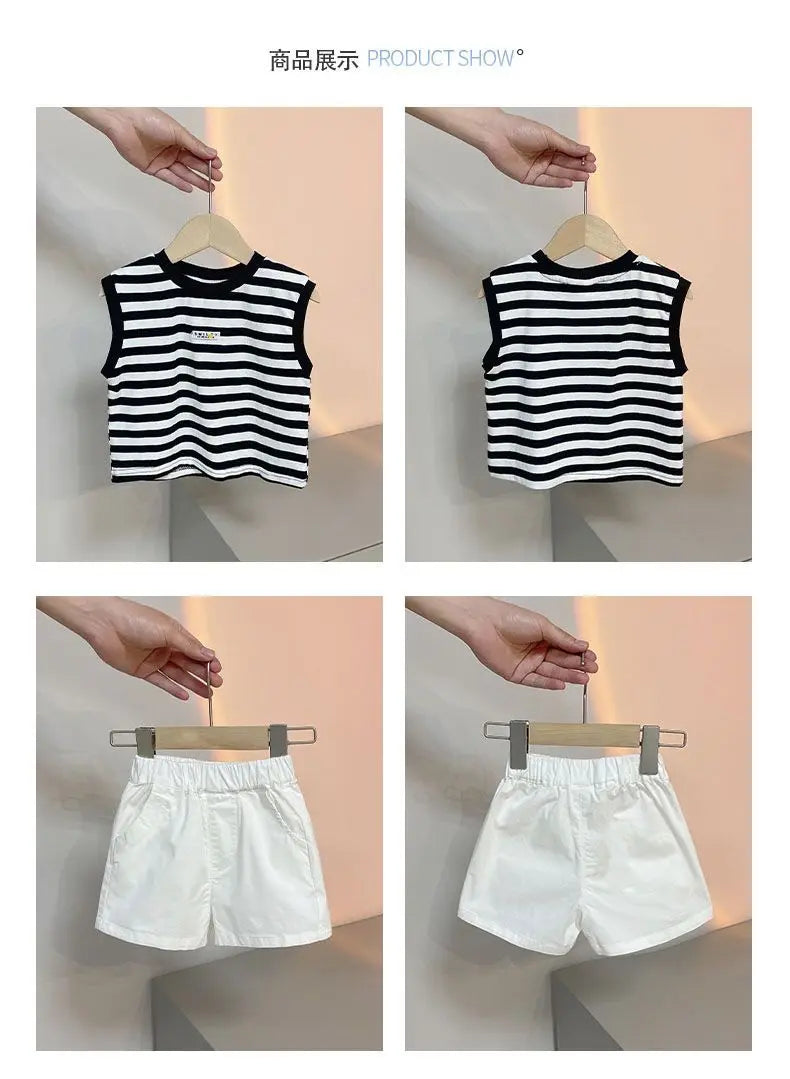 Boys' Striped Summer Casual Clothing Girl Children Handsome Boy Baby Sleeveless Vest and Shorts Set Kids Clothes Boys Outfits