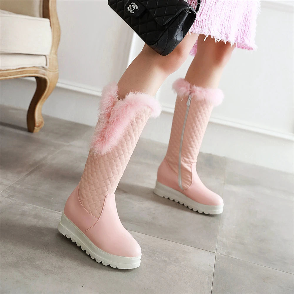 Winter Warm Fur Knee High Boots Womens Platform Snow Boots High Heels Female Padded Shoes  High Boots  Free Ship Big Size 41