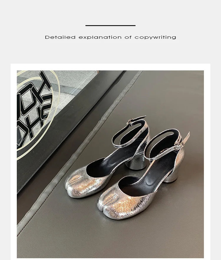 Brand Designer Tabi ninja high heels shoes woman ankle strap silver crack leather pumps split toe D'orsay mary janes shoes woman