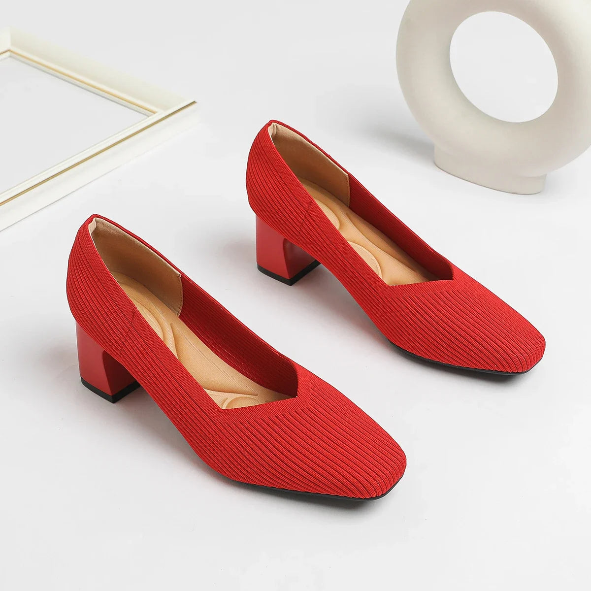 Shoes Woman High Heels Comfortable Square Knitted Breathable Comfortable Women's Flats Shoes (5cm High) 2025 New Collection
